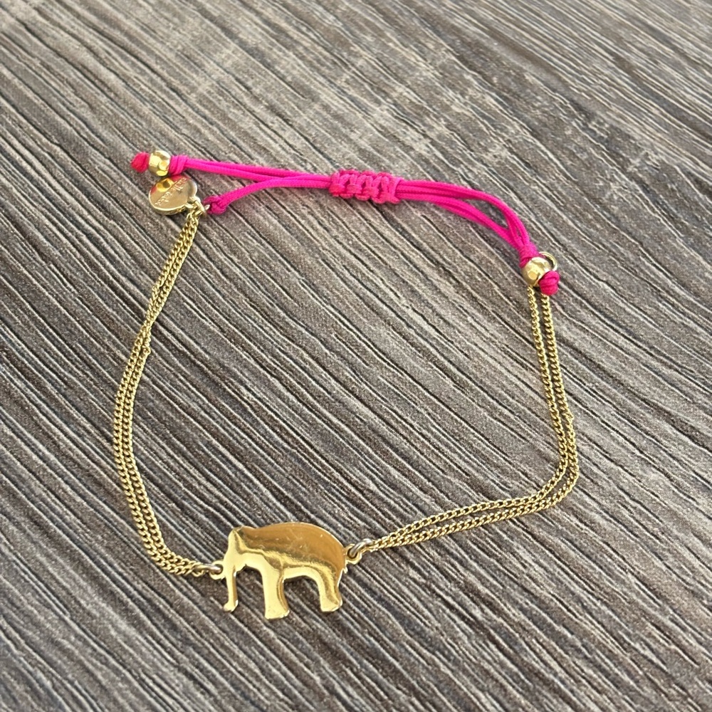 Gold Elephant Bracelet with Pink Cord